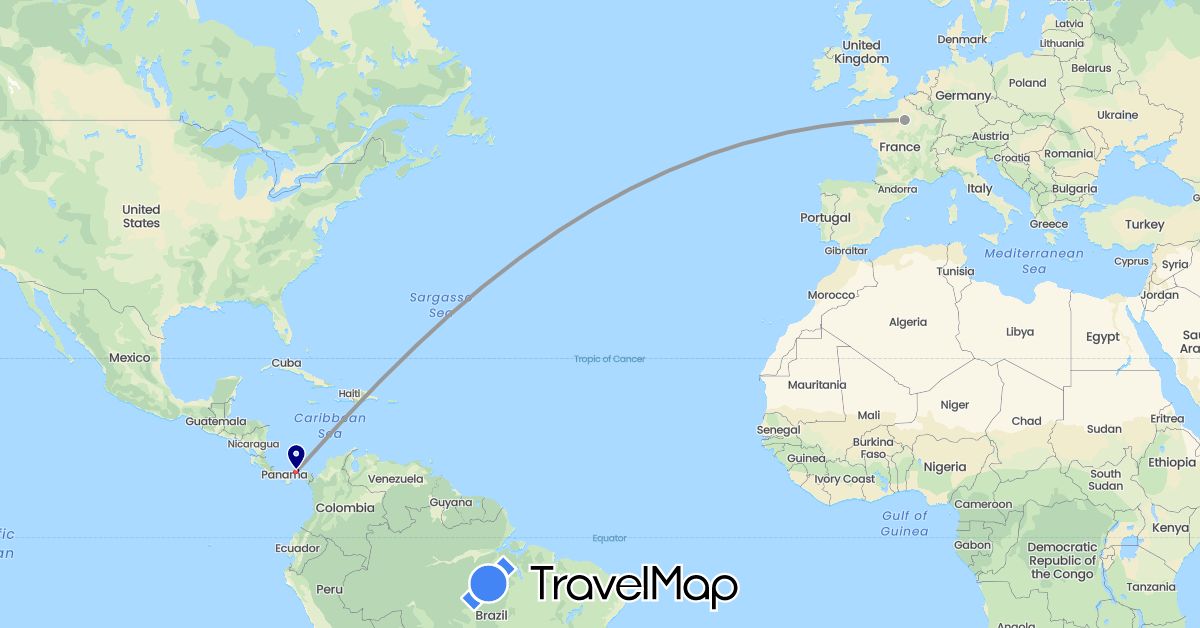 TravelMap itinerary: driving, plane, hiking in France, Panama (Europe, North America)