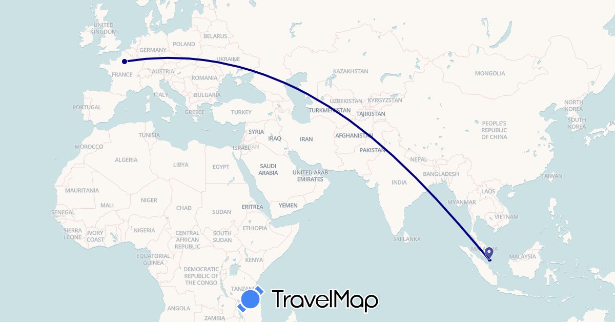 TravelMap itinerary: driving, plane, hiking in France, Singapore (Asia, Europe)